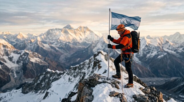 Mountaineer planting flag mountain summit achievement majestic range backdrop
