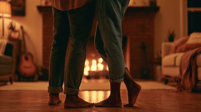 Interracial couple slow dancing barefoot in warm living room