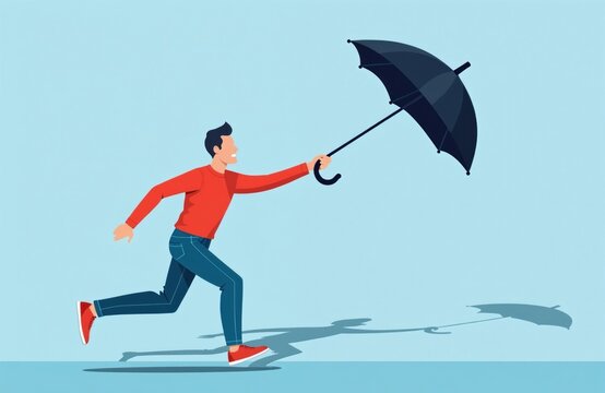 Man chases flying umbrella in strong wind against light blue background. He runs forward, reaching out, trying to grab it. Concept of overcoming adversity or risk.