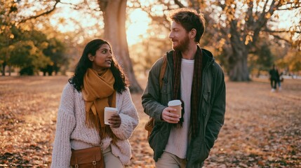 Fototapeta premium Interracial friends walking through autumn park with coffee