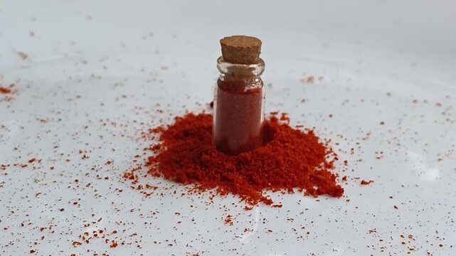 Dry cayenne, paprika or red chilli pepper spice powder inside glass bottle isolated on white background. Natural and organic hot spicy flavouring chilly dust condiment ingredient for food seasoning.