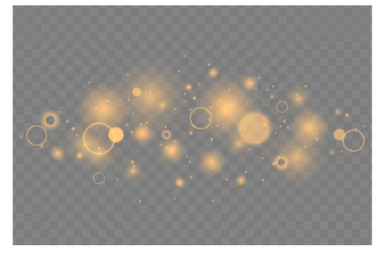 Gold sparkle overlay with glowing bokeh glitter lights on transparent background. Luxury shiny dust and stars backdrop. Soft glowing sparkling magical bokeh light. Christmas vector light effect.