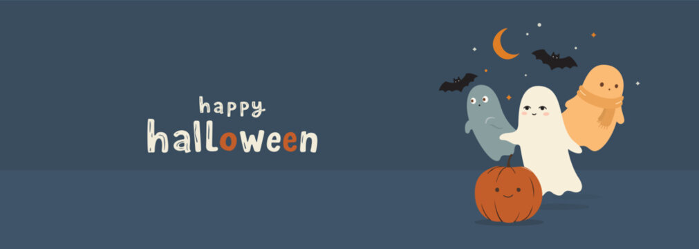 Happy Halloween banner with cute ghosts, pumpkin and bats