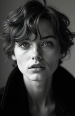 Fototapeta premium Close up portrait of young woman with short hair. Monochrome face shot shows feminine features, calm eyes. Fashion model poses in studio light for beauty editorial. Elegant lady with natural makeup