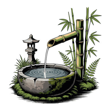 Isolated Traditional Japanese bamboo water fountain in a lush garden with stone basin and stone lantern vector art on white background