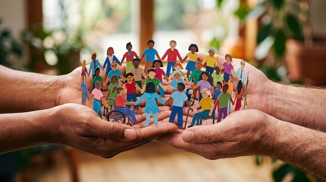 Colorful paper people on hands unity diversity inclusion community support ESG
