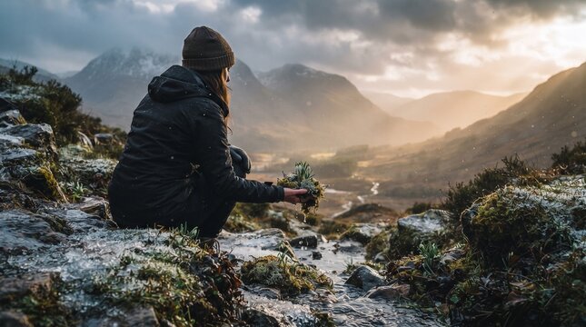 Contemplative Hike: A lone hiker, bundled against the cold, pauses on a rocky outcrop overlooking a vast, mist-shrouded mountain valley during a chilly morning adventure.