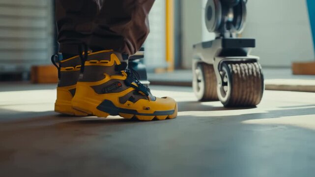 Low-angle closeup of mobility scooter wheels beside person in yellow high-top sneakers, showing underside details, textured tires, front casters, workshop floor, soft indoor light