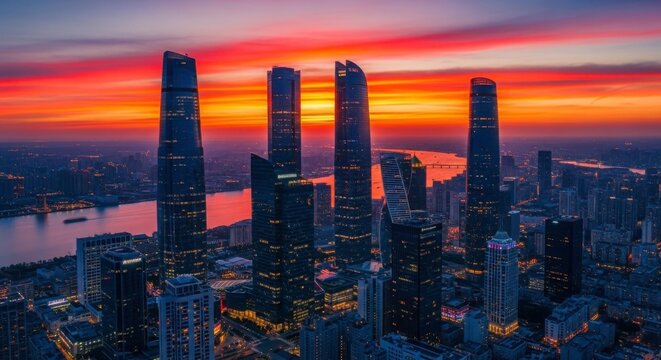 Skyscrapers of guangzhou city skyline at sunset with vibrant orange and red clouds over pearl river