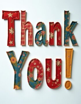 Fabric letters spell Thank With floral patterns, patchwork texture on white background. Colorful textile craft alphabet pieces express gratitude with unique handmade style. Decorative stitched font