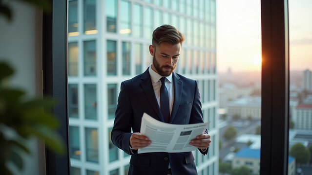 Window ar beautiful modern iteration Young handsome man dressed in smart attire reading business news
