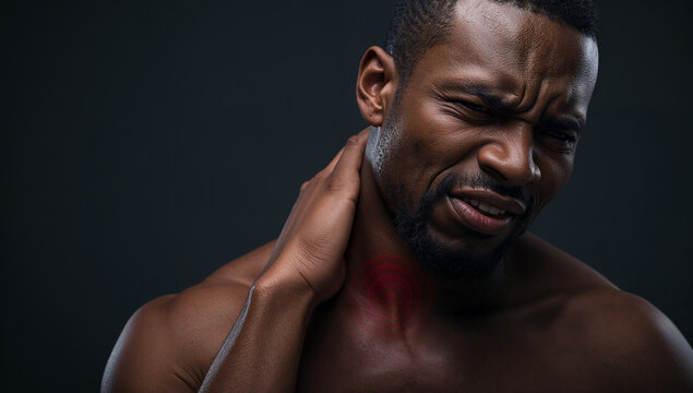 鎖骨周辺の骨折後やリンパの腫れによる痛みに鎖骨を押さえる男性