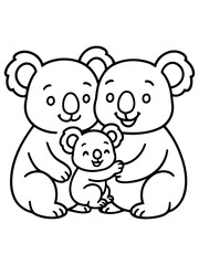 Obraz premium Cute Koala Family Illustration: A heartwarming cartoon illustration depicts a koala family – two parents and a baby – snuggled together affectionately, showcasing love and togetherness.
