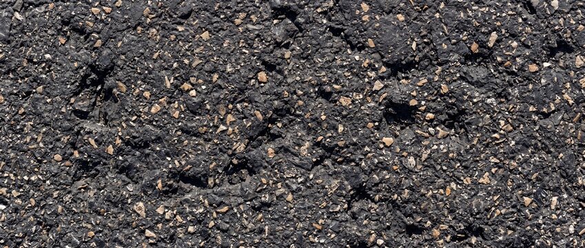 Rough Black Asphalt Ground, Seamless Tarmac Road Surface Texture Background ,Close Up of Fresh Tar Road Surface Texture, Macadam Pavement Pattern, Panoramic Banner Background