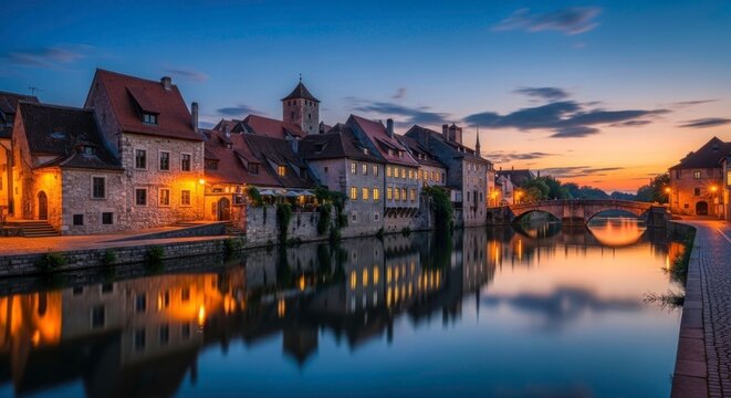 Medieval stone buildings with glowing windows along a calm river at sunset, rothenburg ob der tauber
