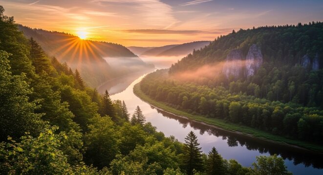 Winding river flowing through a dense green forest valley at sunrise with golden sunburst and mist