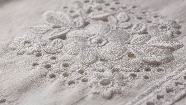 Medium shot of intricate floral cutwork and eyelet schiffli embroidery highlighting delicate perforated textile patterns and detailed threadwork.
