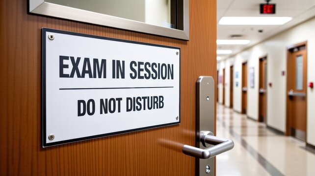 Exam in Session Concept  Closeup of 'Do Not Disturb' Sign on Classroom Door in Hallway