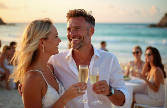 Smiling couple holds champagne glasses at beach event sunset. Elegant man woman toast during seaside banquet. Happy people celebrate luxury vacation lifestyle enjoying warm evening.