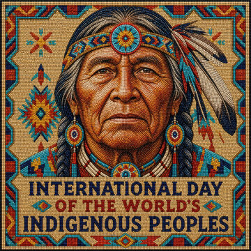 Portrait of an indigenous person with traditional headdress and beadwork pattern generated using ai