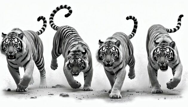 Four tigers in motion stride forward with powerful intensity. Their striped bodies are captured in dynamic poses, showcasing raw strength and wild agility on a dusty ground.