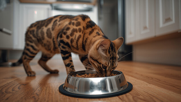 美しいヒョウ柄のベンガル猫が床のステンレス皿のフードを真剣に食べる