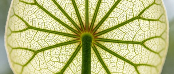 Detailed macro photography of green leaf texture with translucent veins and central stem backlit in nature © Yuki stocks