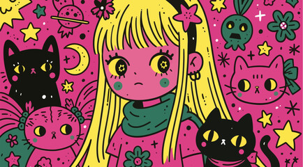 Fototapeta premium A whimsical illustration of a girl surrounded by cosmic elements and playful creatures.