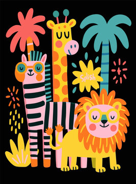 A whimsical illustration of a giraffe and a lion in a vibrant jungle setting.