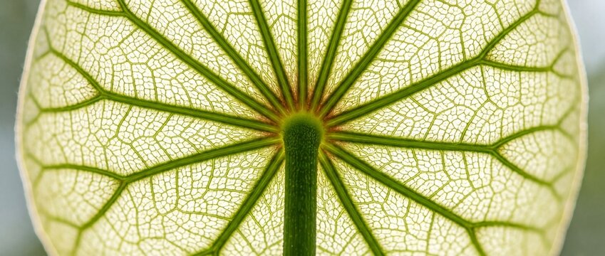 Detailed macro photography of green leaf texture with translucent veins and central stem backlit in nature
