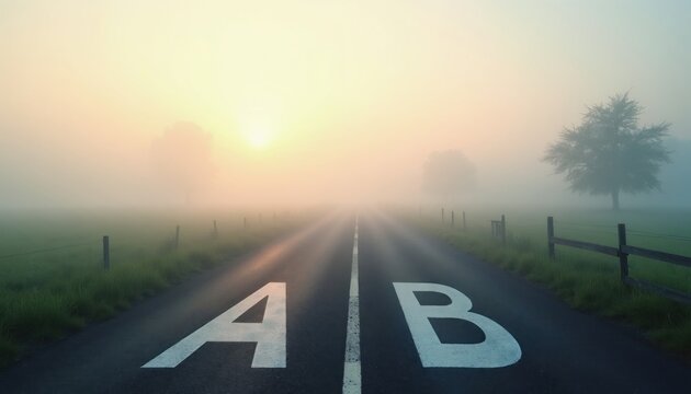 Asphalt road splits into two directions marked And B painted on wet ground. Thick morning fog covers rural landscape with trees, grass. Symbols represent difficult choice business decision path