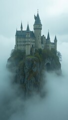 Obraz premium Ancient stone castle sits on rocky cliff above dense morning fog. Majestic medieval fortress towers over misty landscape mountain valley. Serene fairy tale palace building remains isolated on high