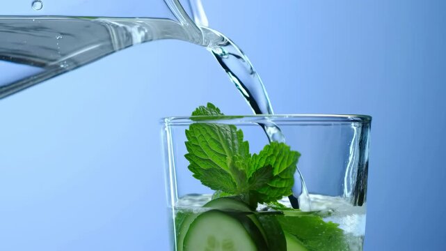 Clear water pouring into tall glass with mint leaves and cucumber slices on pale blue background, creating fresh splash, ripples, droplets, and rising fill level