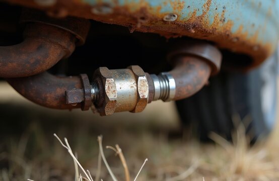 Rusty car exhaust pipe with lambda sensor. Auto part monitors gas emissions for engine performance and air quality. Old auto shows wear and tear.