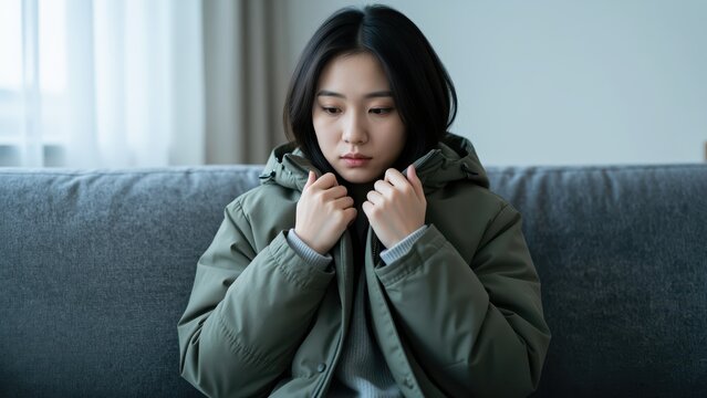 Chilling Isolation: A young woman bundled in a thick winter coat, seated on a couch, clutches the fabric around her neck, her expression a picture of quiet despair and cold.
