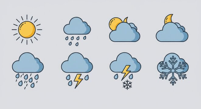 Weather icons display various conditions including sun, clouds, rain, and snow.