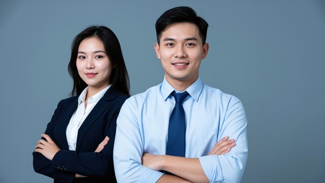 Professional Duo: A confident Asian man and woman in business attire, with arms crossed and smiles, exude professionalism and readiness for success against a calm grey backdrop.