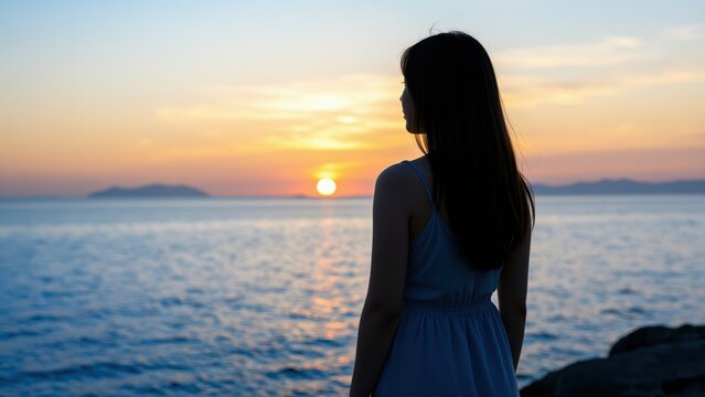 A Lone Soul Gazing at the Horizon: A woman stands silhouetted against a breathtaking sunset over the ocean, her gaze fixed on the distant horizon, evoking a sense of contemplation and wonder.