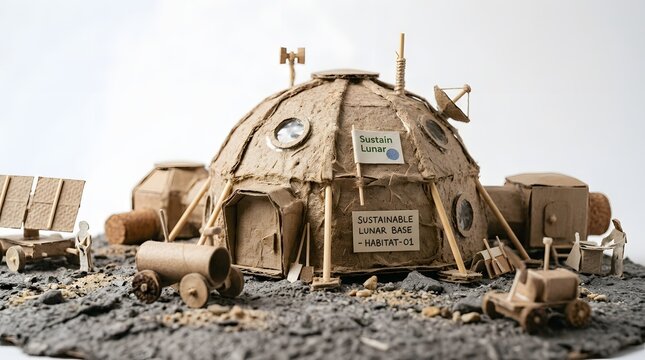 Textured miniature sustainable lunar base model presents extraterrestrial habitat design future planning