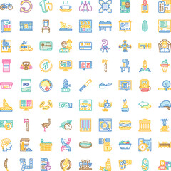 Fototapeta premium Collection of colorful outline icons representing a wide range of subjects, from everyday objects and activities to abstract ideas and modern technology, useful for web design and applications