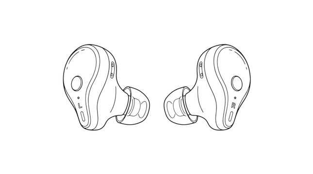 Minimalist wireless earbuds line art vector, modern bluetooth earphones illustration, sleek portable audio device sketch for technology manuals