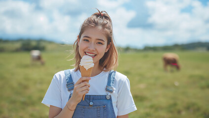 Fototapeta premium 青空広がるのどかな牧場で濃厚なミルクソフトクリームを食べる女性