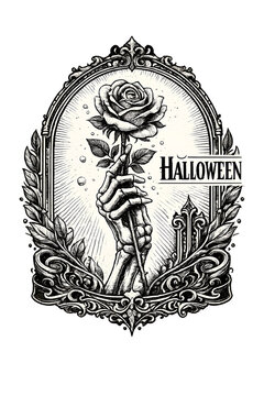 Gothic Halloween engraving of a skeleton bony hand holding a rose flower inside a vintage baroque mirror frame