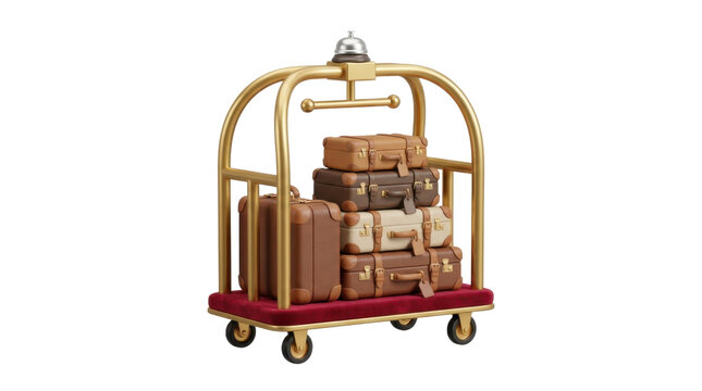 Hotel luggage cart with stacked suitcases and bellboy bell 3d render illustration.