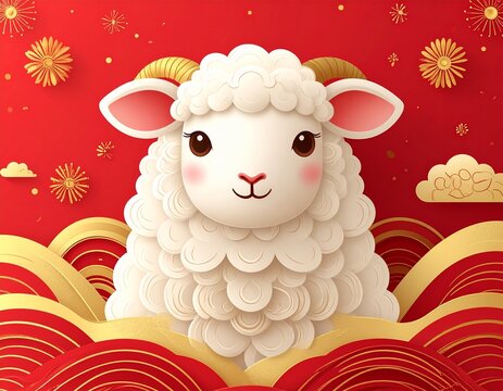 Cute sheep with Japanese wave pattern, New Year zodiac illustration
