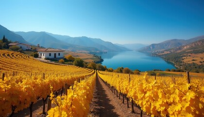 Obraz premium Golden vineyard rows stretch towards a bright blue lake and distant mountains. White houses sit on a green hill overlooking the water. Autumn foliage colors the landscape under a clear sky.