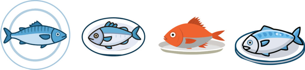 Fototapeta premium A minimalist flat vector icon of a fresh fish on a plate features solid colors, clear outlines, and is set against a white background in a UI/UX style