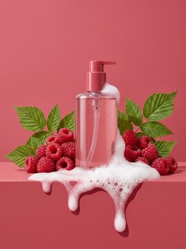  Luxury Raspberry Liquid Body Wash Bottle with Fresh Berries on Raspberry Red Background