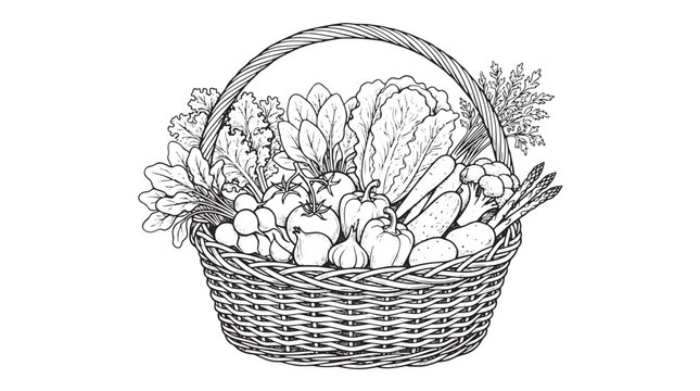Vintage vegetable basket illustration, hand drawn garden harvest sketch, rustic wicker hamper with fresh organic produce, black and white line art vector