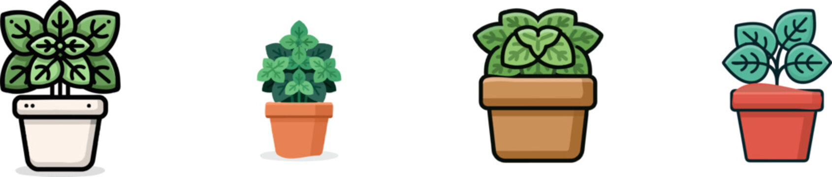 A minimalist flat design icon of a small basil plant in a white pot, featuring solid colors and clear outlines against a white background